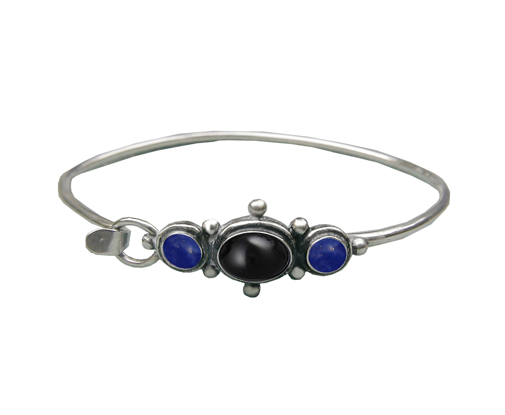 Sterling Silver Strap Latch Spring Hook Bangle Bracelet Black Onyx And Lapis Lazuli